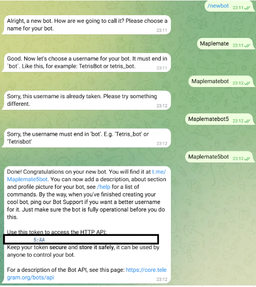 Bot creation via BotFather